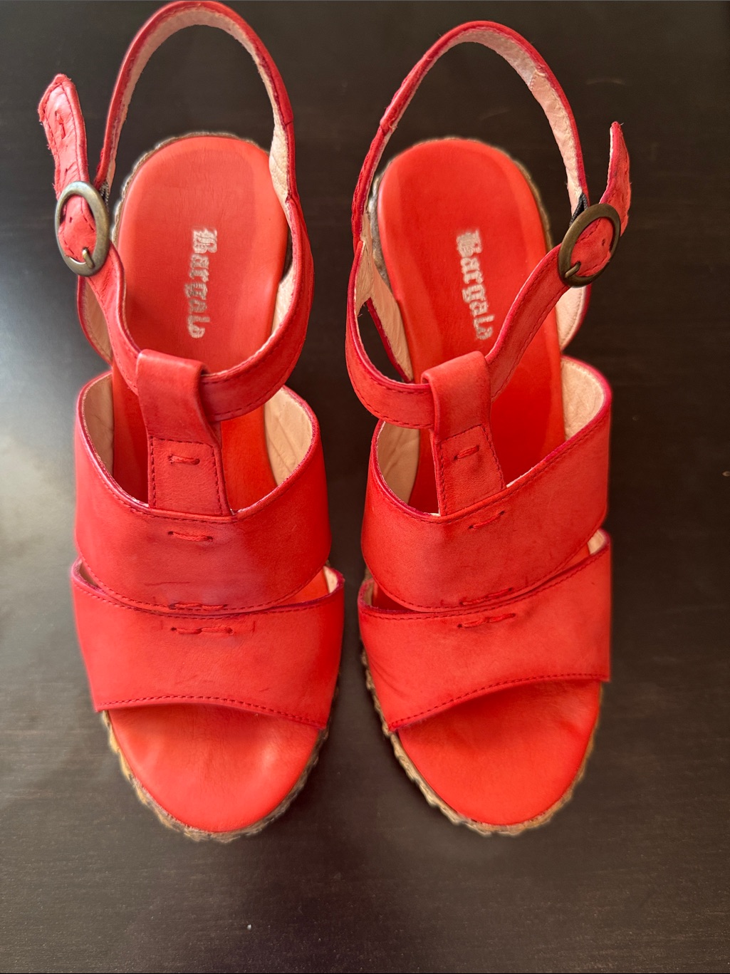 Red Leather Wedge Sandals With Buckle Accent